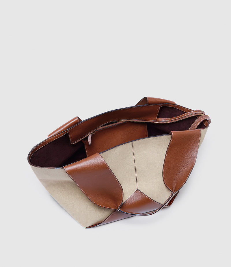 Market Weekend Bag Natural Linen With Buffalo Cognac