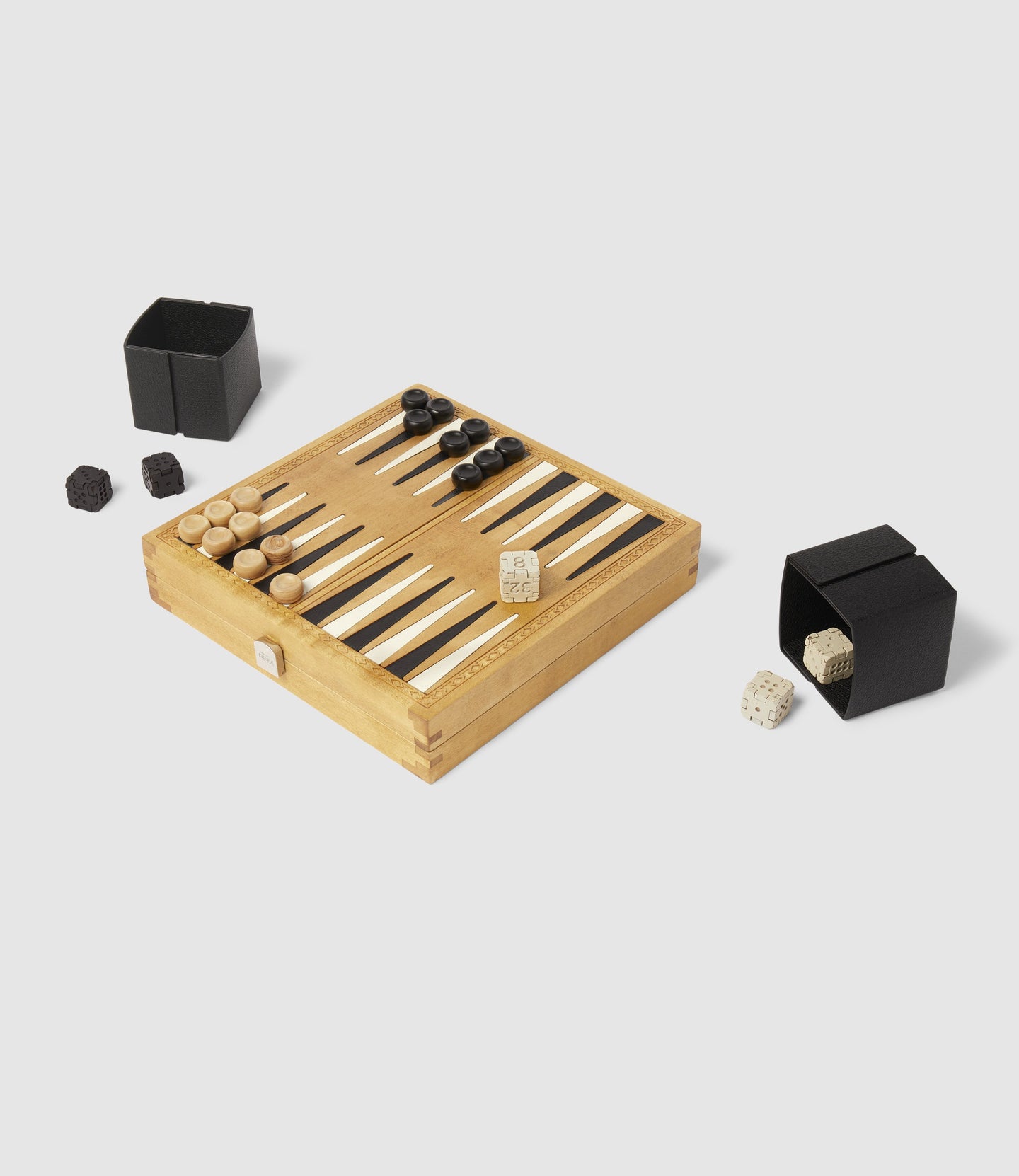 Travel Chess and Backgammon Set in Cognac Leather, Olive and Ebony Wood