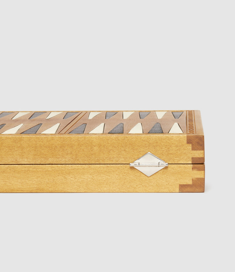 Travel Chess and Backgammon Set in Cognac Leather, Olive and Ebony Wood