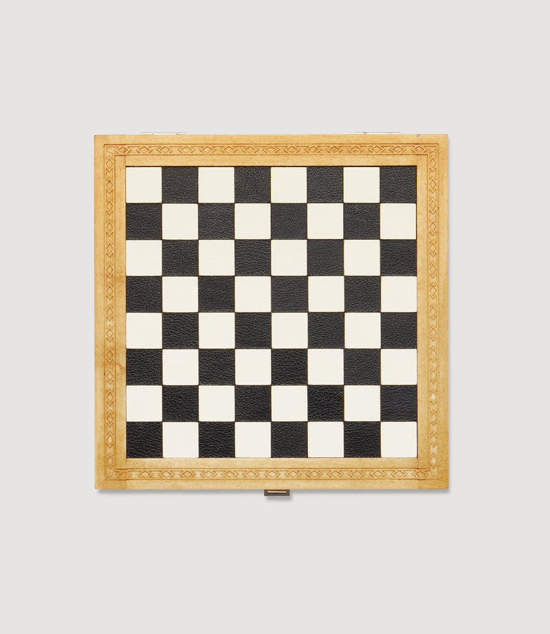 Travel Chess and Backgammon Set in Cognac Leather, Olive and Ebony Wood