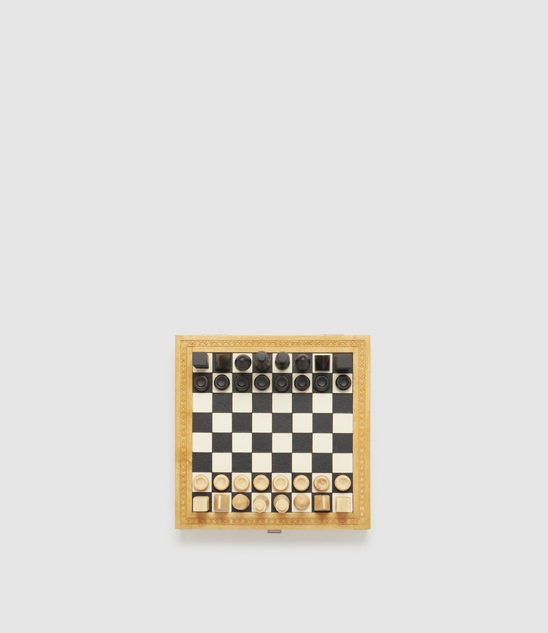 Travel Chess and Backgammon Set in Cognac Leather, Olive and Ebony Wood