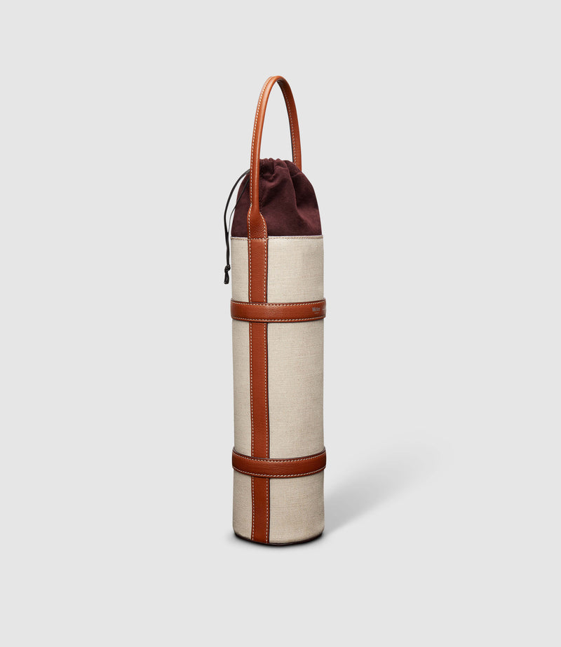 Single Wine Carrier Natural Linen with Cognac