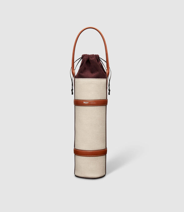 Single Wine Carrier Natural Linen with Cognac